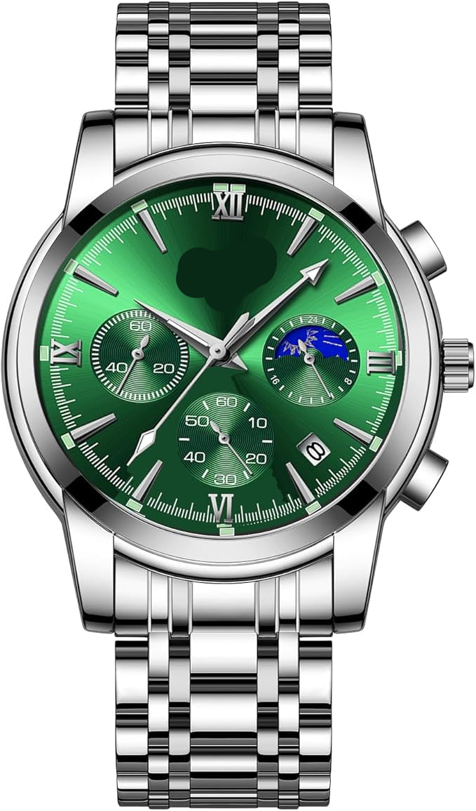 腕時計 メンズ アナログ Watch for Men クオーツ クロノグラフ 3気圧 防水 安い腕時計 ステンレス メタルバンド 日付表示 蓄光 多機能 メンズ ビジネス おしゃれ ウォッチ 男性 ギフト プレゼント 就活 (シルバーとグリーン)