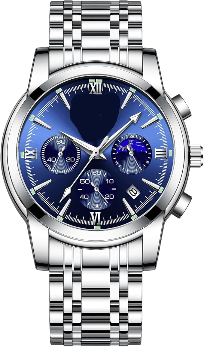 腕時計 メンズ アナログ Watch for Men クオーツ クロノグラフ 3気圧 防水 安い腕時計 ステンレス メタルバンド 日付表示 蓄光 多機能 メンズ ビジネス おしゃれ ウォッチ 男性 ギフト プレゼント 就活 (シルバーとブルー)