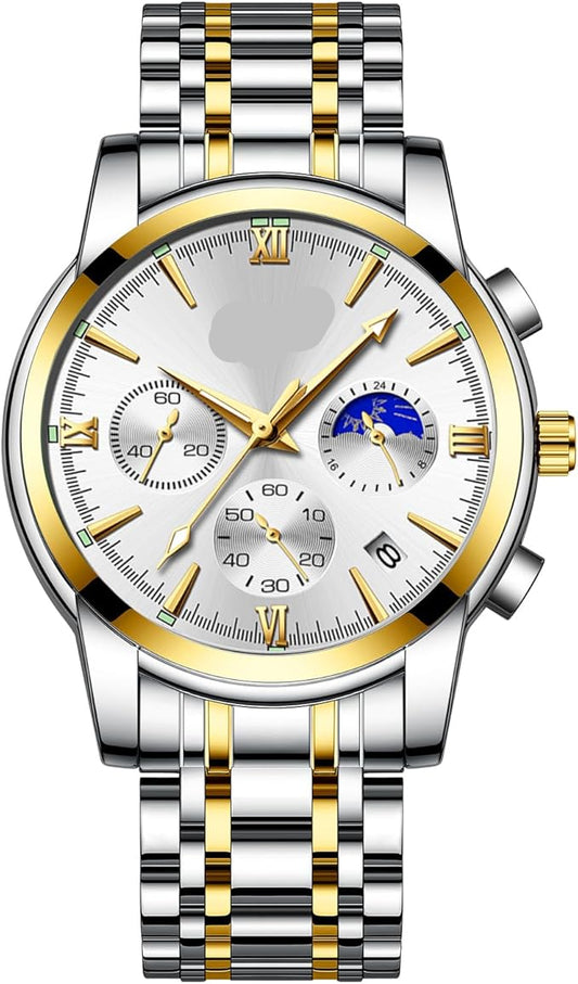 腕時計 メンズ アナログ Watch for Men クオーツ クロノグラフ 3気圧 防水 安い腕時計 ステンレス メタルバンド 日付表示 蓄光 多機能 メンズ ビジネス おしゃれ ウォッチ 男性 ギフト プレゼント 就活 (ゴールドとホワイト)