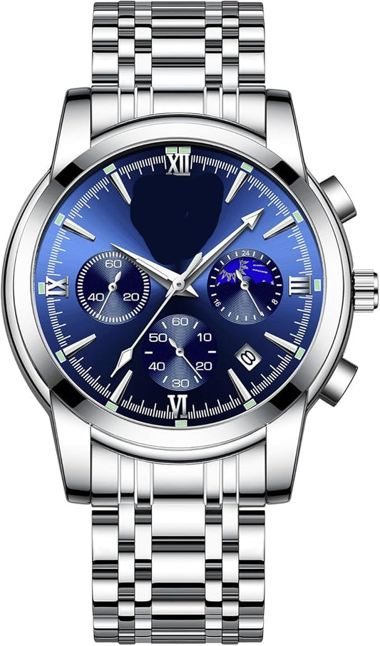 腕時計 メンズ アナログ Watch for Men クオーツ クロノグラフ 3気圧 防水 安い腕時計 ステンレス メタルバンド 日付表示 蓄光 多機能 メンズ ビジネス おしゃれ ウォッチ 男性 ギフト プレゼント 就活 (シルバーとブルー)