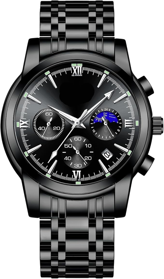 腕時計 メンズ アナログ Watch for Men クオーツ クロノグラフ 3気圧 防水 安い腕時計 ステンレス メタルバンド 日付表示 蓄光 多機能 メンズ ビジネス おしゃれ ウォッチ 男性 ギフト プレゼント 就活 (ブラック)