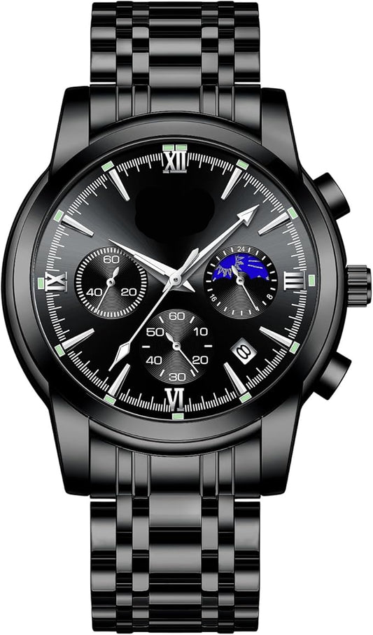 腕時計 メンズ アナログ Watch for Men クオーツ クロノグラフ 3気圧 防水 安い腕時計 ステンレス メタルバンド 日付表示 蓄光 多機能 メンズ ビジネス おしゃれ ウォッチ 男性 ギフト プレゼント 就活 (ブラック)