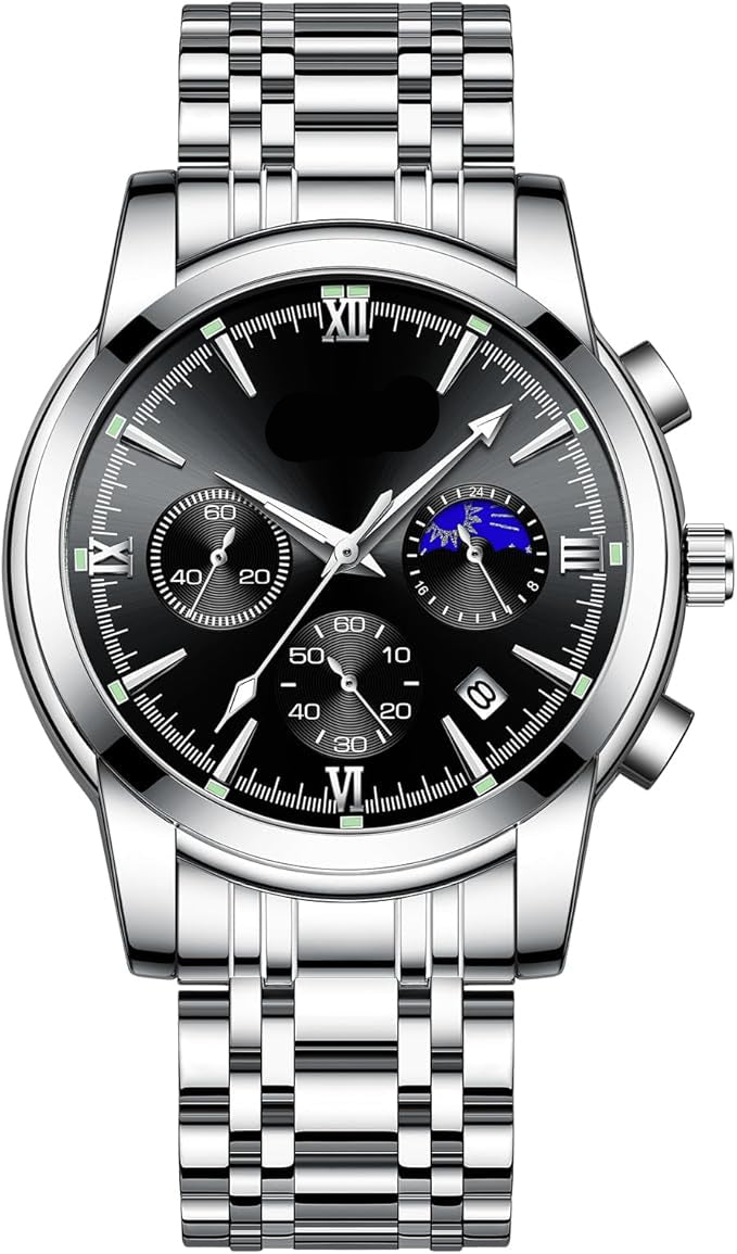 腕時計 メンズ アナログ Watch for Men クオーツ クロノグラフ 3気圧 防水 安い腕時計 ステンレス メタルバンド 日付表示 蓄光 多機能 メンズ ビジネス おしゃれ ウォッチ 男性 ギフト プレゼント 就活 (シルバーとブラック)