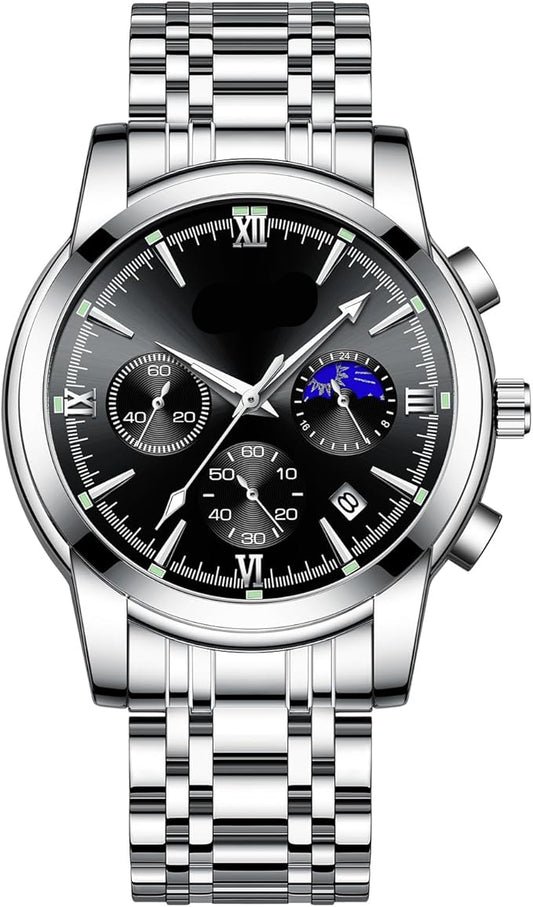 腕時計 メンズ アナログ Watch for Men クオーツ クロノグラフ 3気圧 防水 安い腕時計 ステンレス メタルバンド 日付表示 蓄光 多機能 メンズ ビジネス おしゃれ ウォッチ 男性 ギフト プレゼント 就活 (シルバーとブラック)